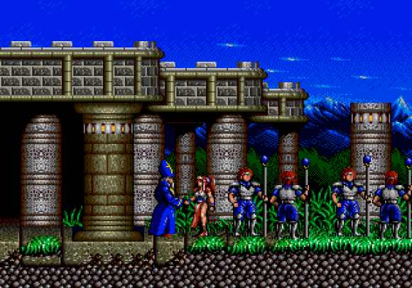 A screenshot of the end of Alisia Dragoon, showing Alisia receiving a handshake from the village priest
